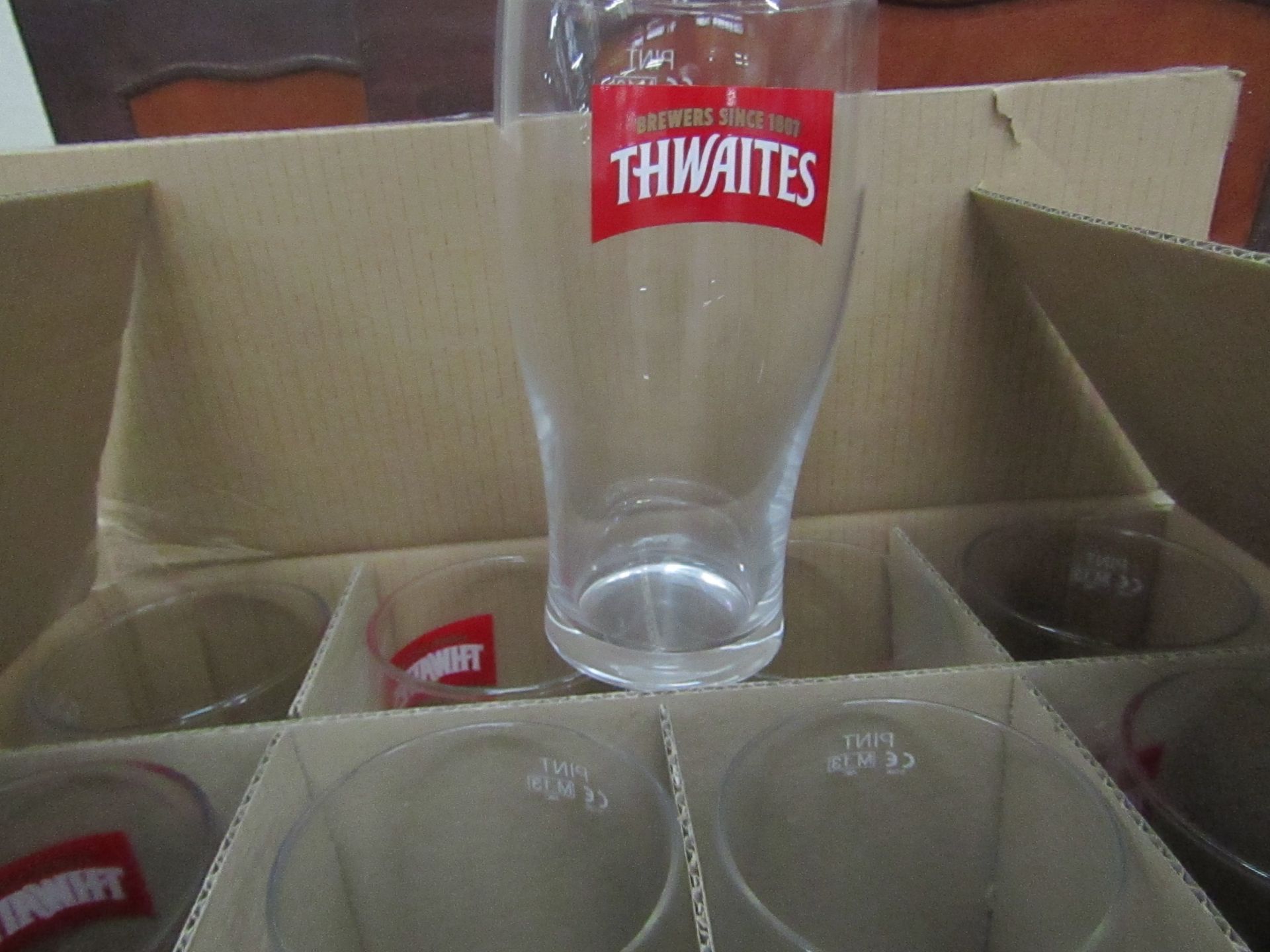 Box of 12 x Thwaites Pint Glasses. New & Boxed