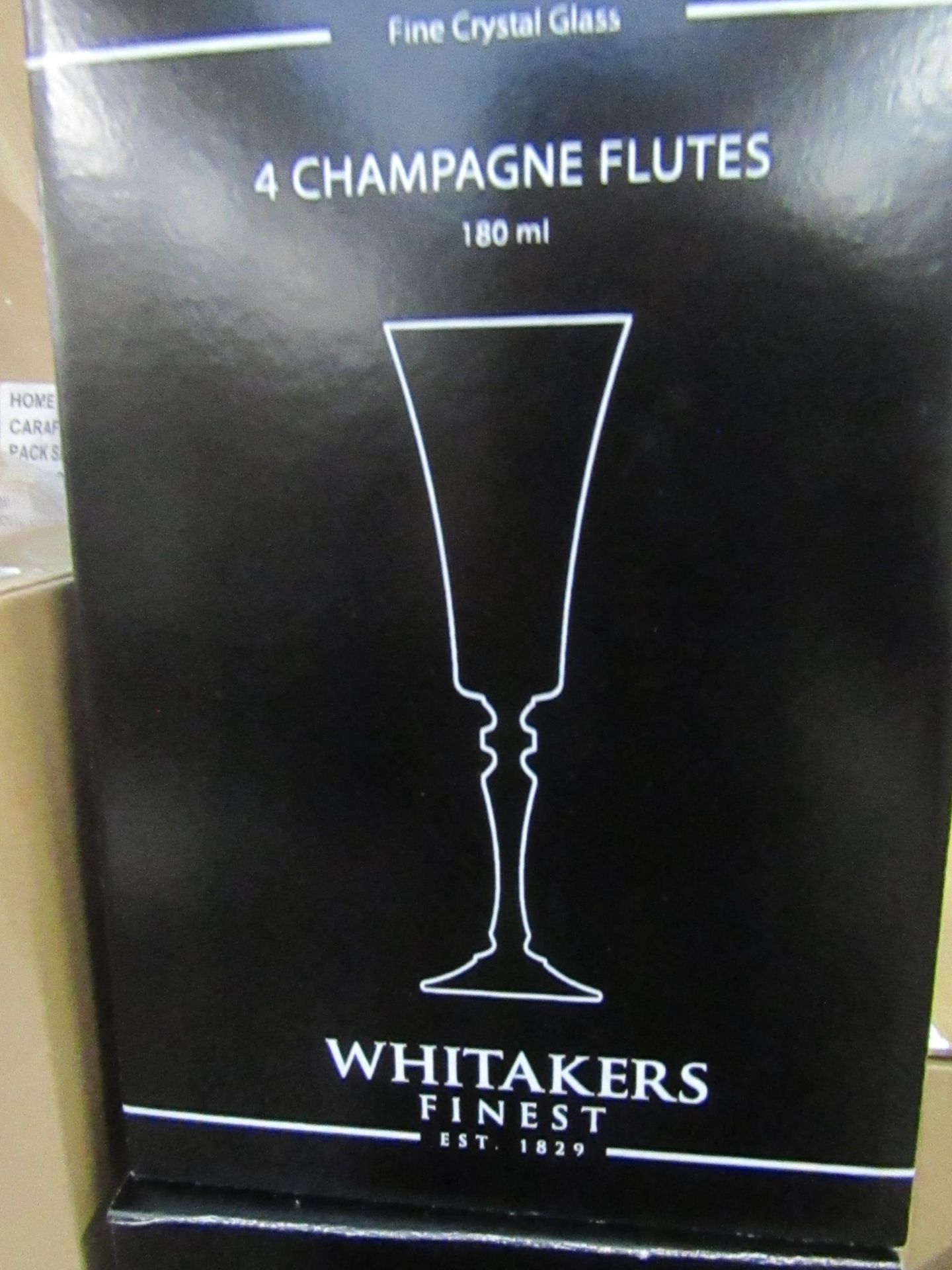 Set of 4 Whitakers Fine Crystal Glass 180ml Champagne Flutes. New & Boxed