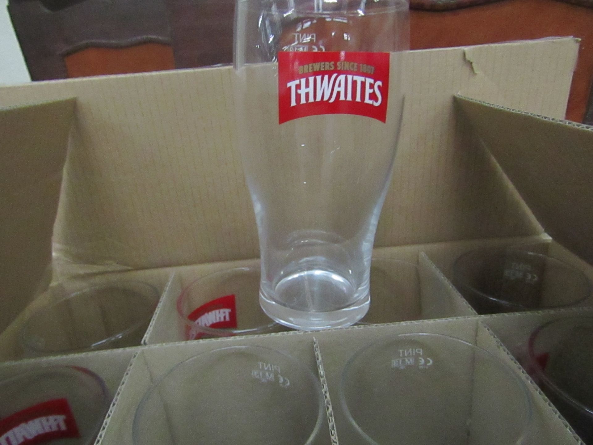 Box of 12 x Thwaites Pint Glasses. New & Boxed