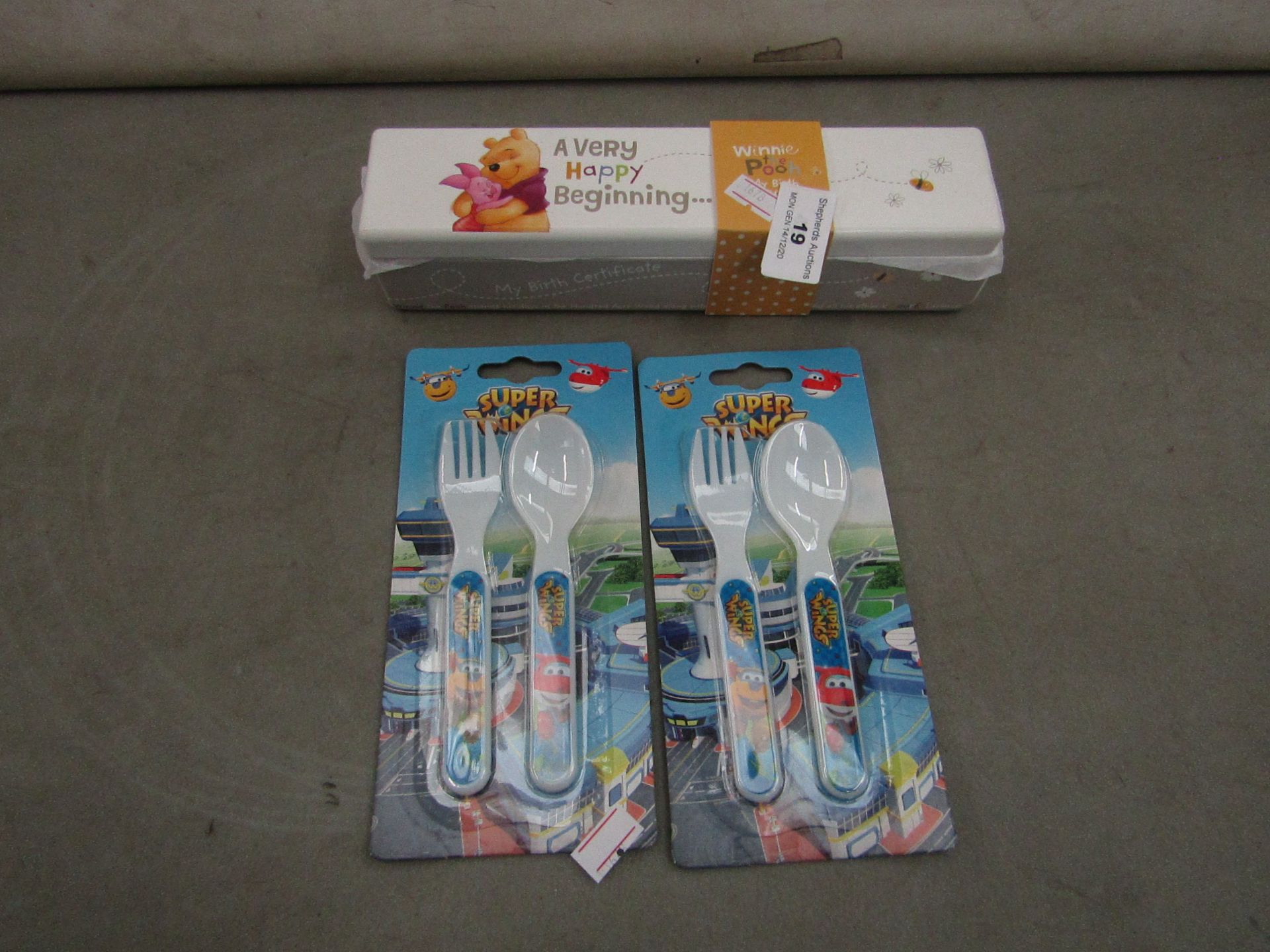 3 Items Being 2 Sets of 2 SuperWings - Infant Spoons - Unused & Packaged. 1x Winnie The Pooh -