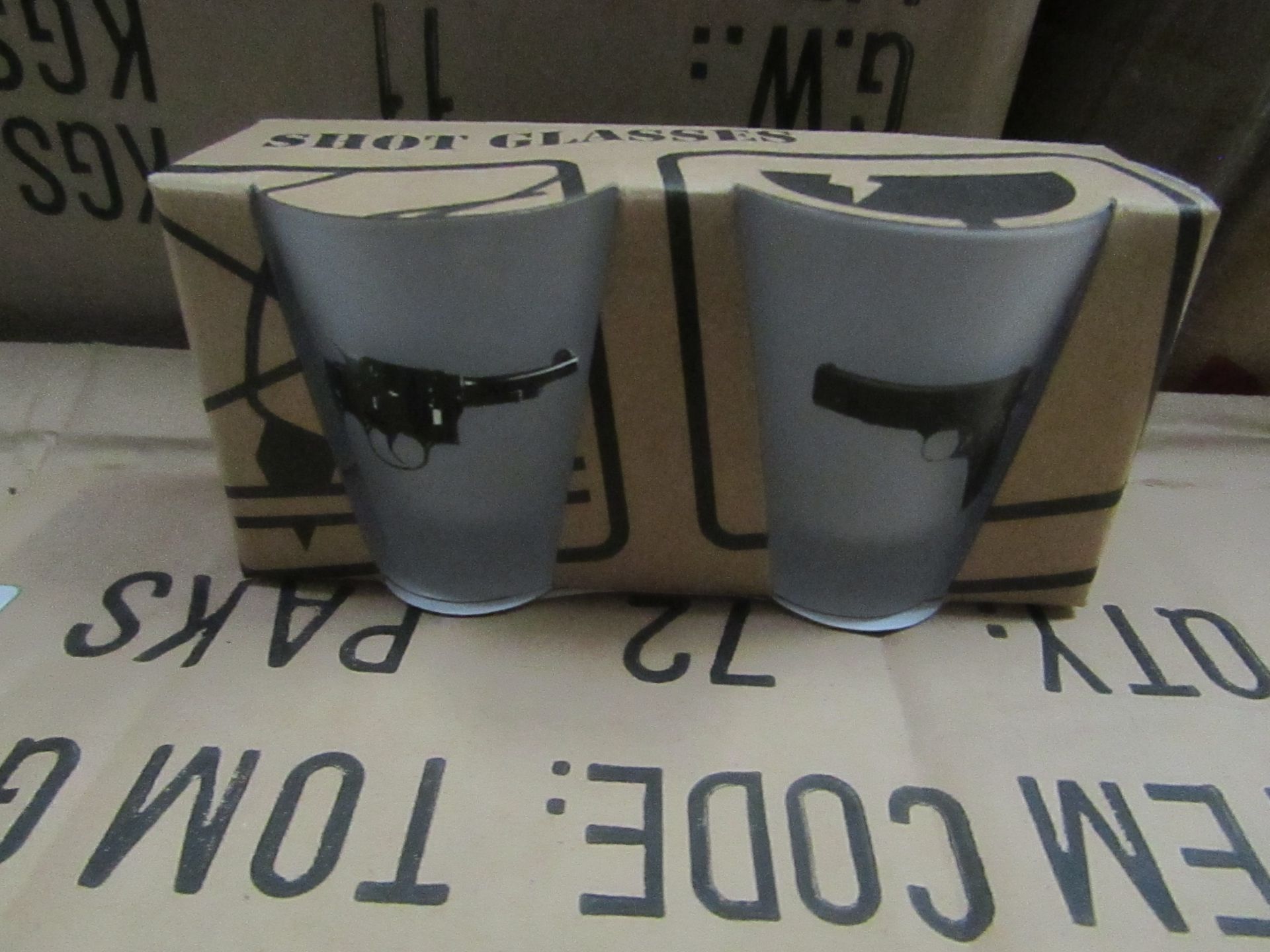 Tom's Depot - Shot Glasses (Cloudy With Gun Photos) - 2x Box of 6 - New & Boxed.