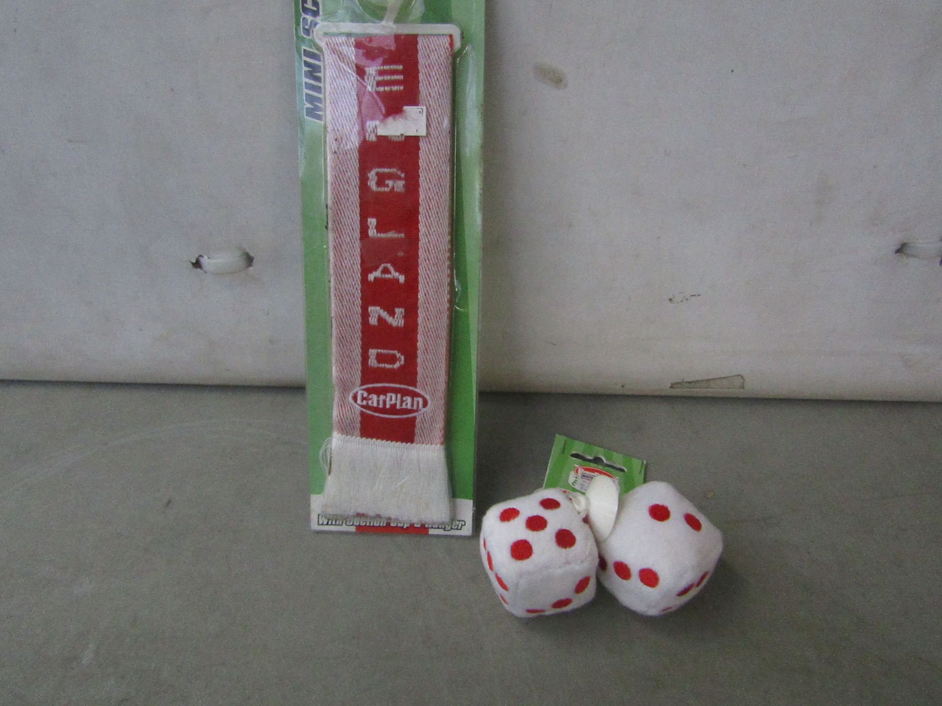 1x Carplan - Mini England Scarf - Unused & Packaged. 1x Fabric Engand Dice (With Suction Cup) -