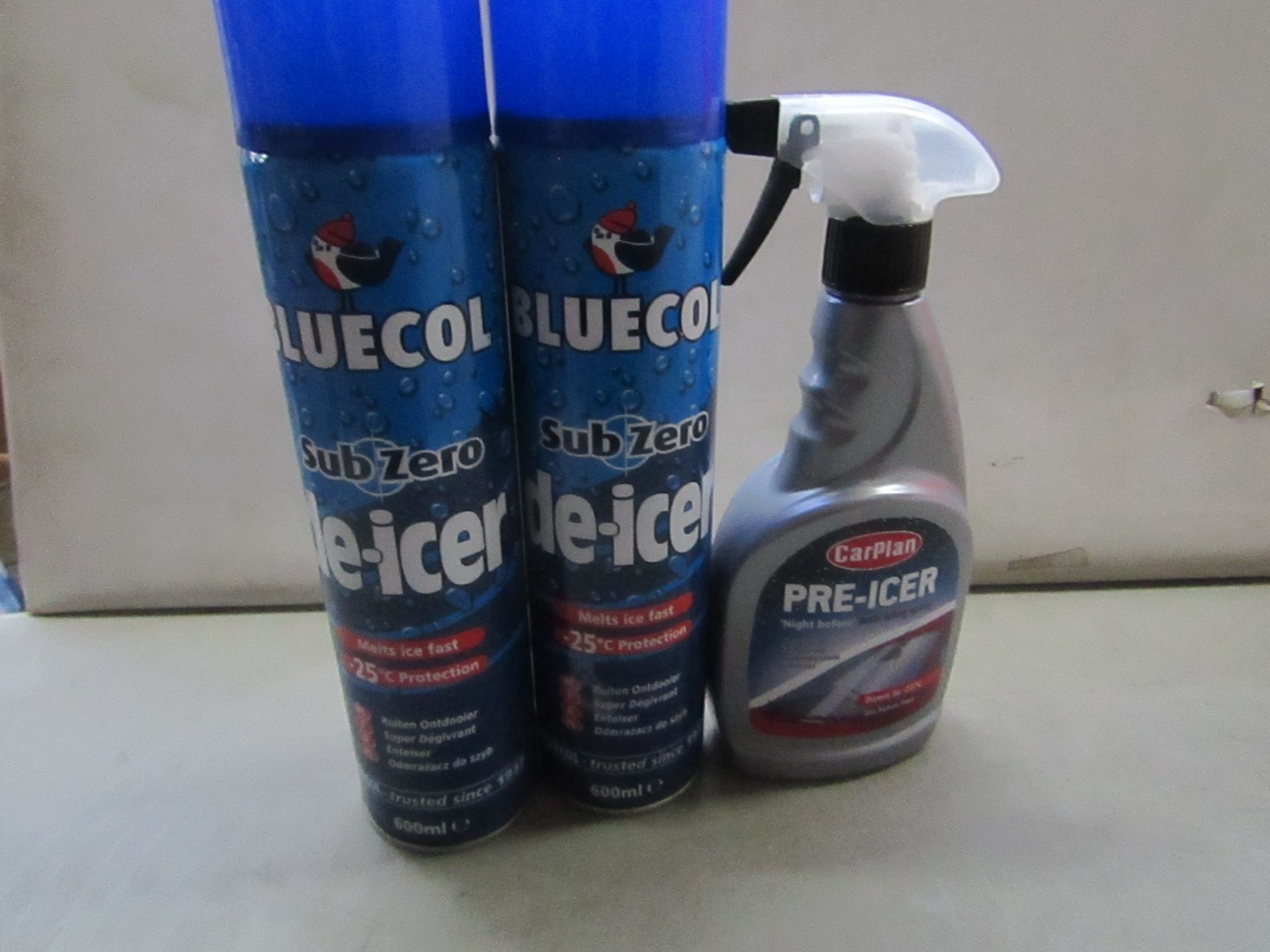 2x Bluecol - Sub Zero De-Icer - 600ml - Unused. 1x Carplan - Pre-Icer - 500ml - Unused.