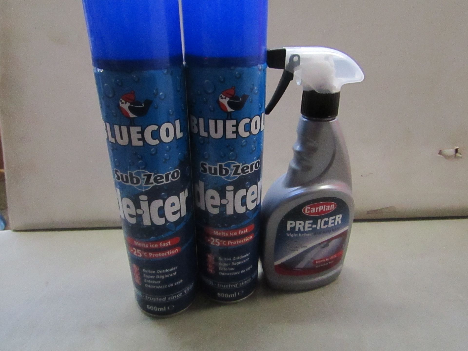 2x Bluecol - Sub Zero De-Icer - 600ml - Unused. 1x Carplan - Pre-Icer - 500ml - Unused.