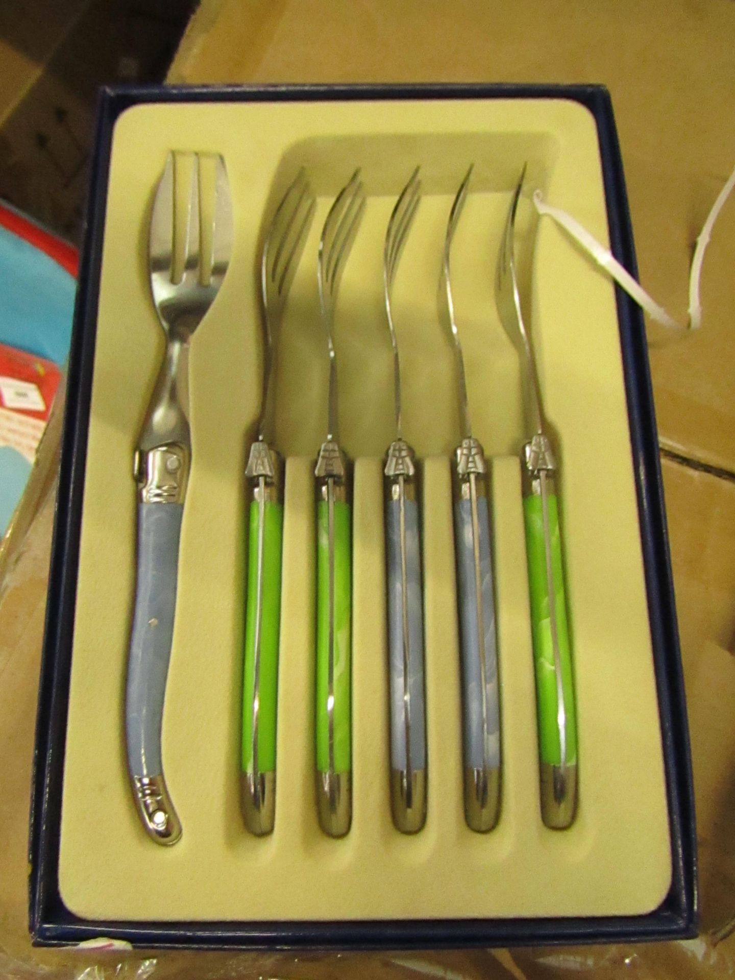 5x Laguiole - 5 Piece Cake Fork Set (Green & Blue) - New & Boxed.