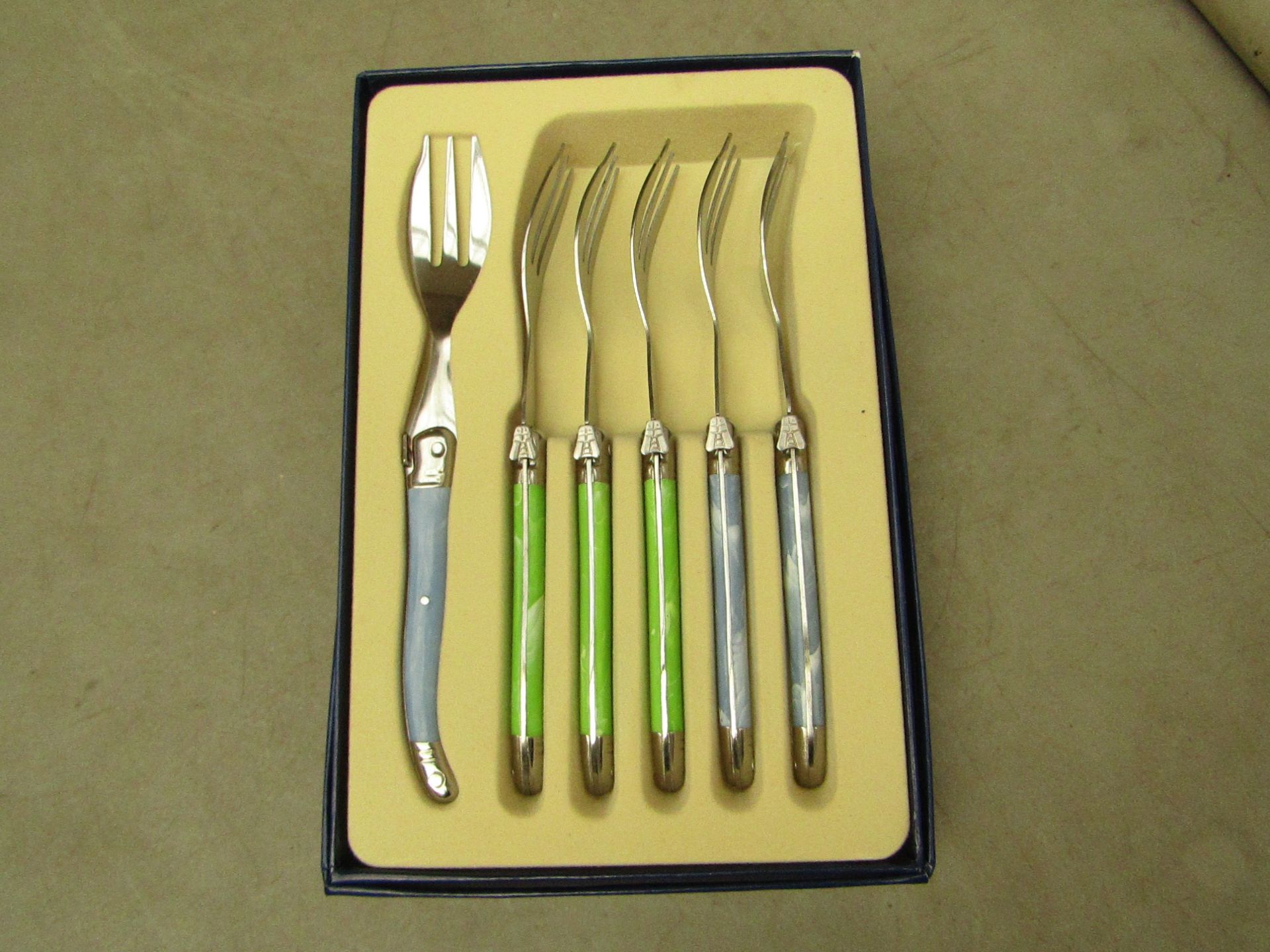 5x Laguiole - Cake Forks (5 Pieces Per Box) Blue & Green - Unused & Boxed.