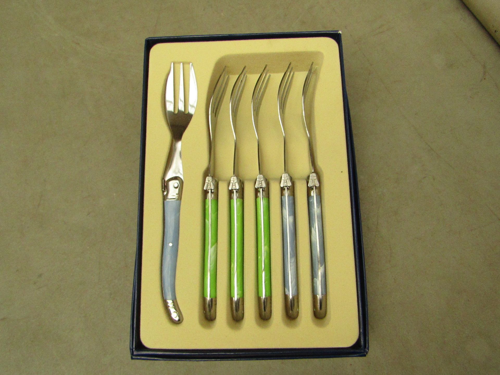 5x Laguiole - Cake Forks (5 Pieces Per Box) Blue & Green - Unused & Boxed.