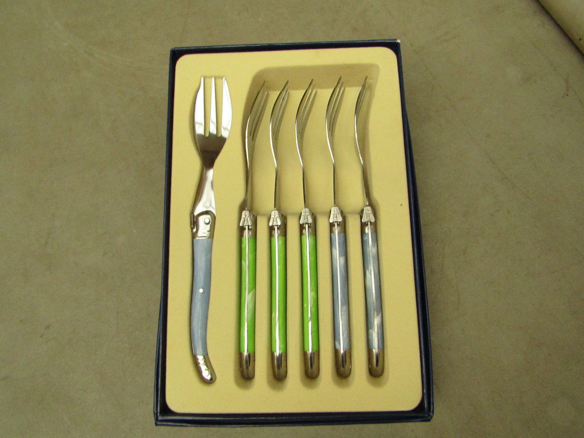 5x Laguiole - Cake Forks (5 Pieces Per Box) Blue & Green - Unused & Boxed.