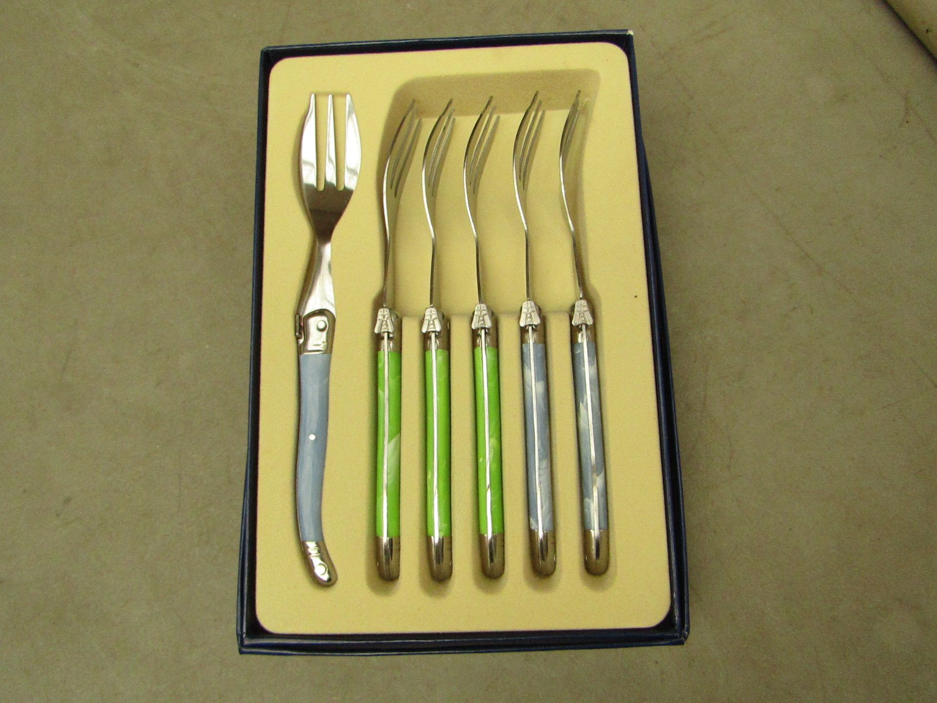 5x Laguiole - Cake Forks (5 Pieces Per Box) Blue & Green - Unused & Boxed.