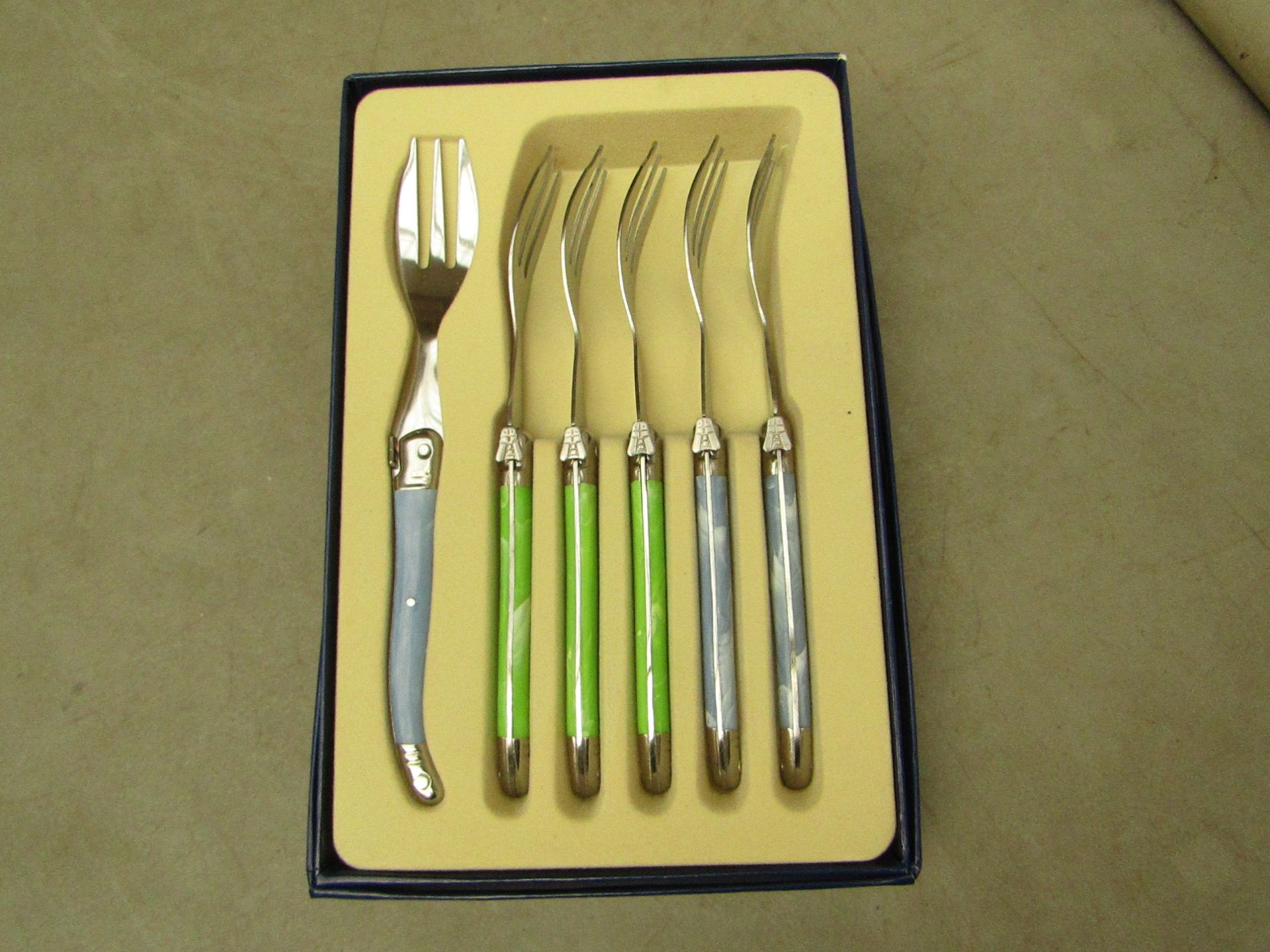 5x Laguiole - Cake Forks (5 Pieces Per Box) Blue & Green - Unused & Boxed.