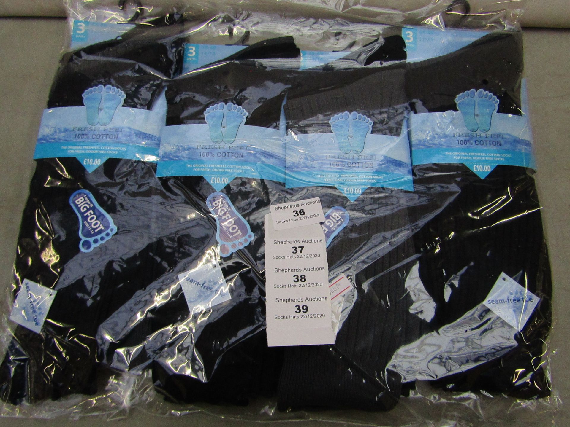 Pack Of 12 - Fresh Feel - Cotton Odour Free Socks - Big Foot Size 11-14 - Black - New & Packaged.