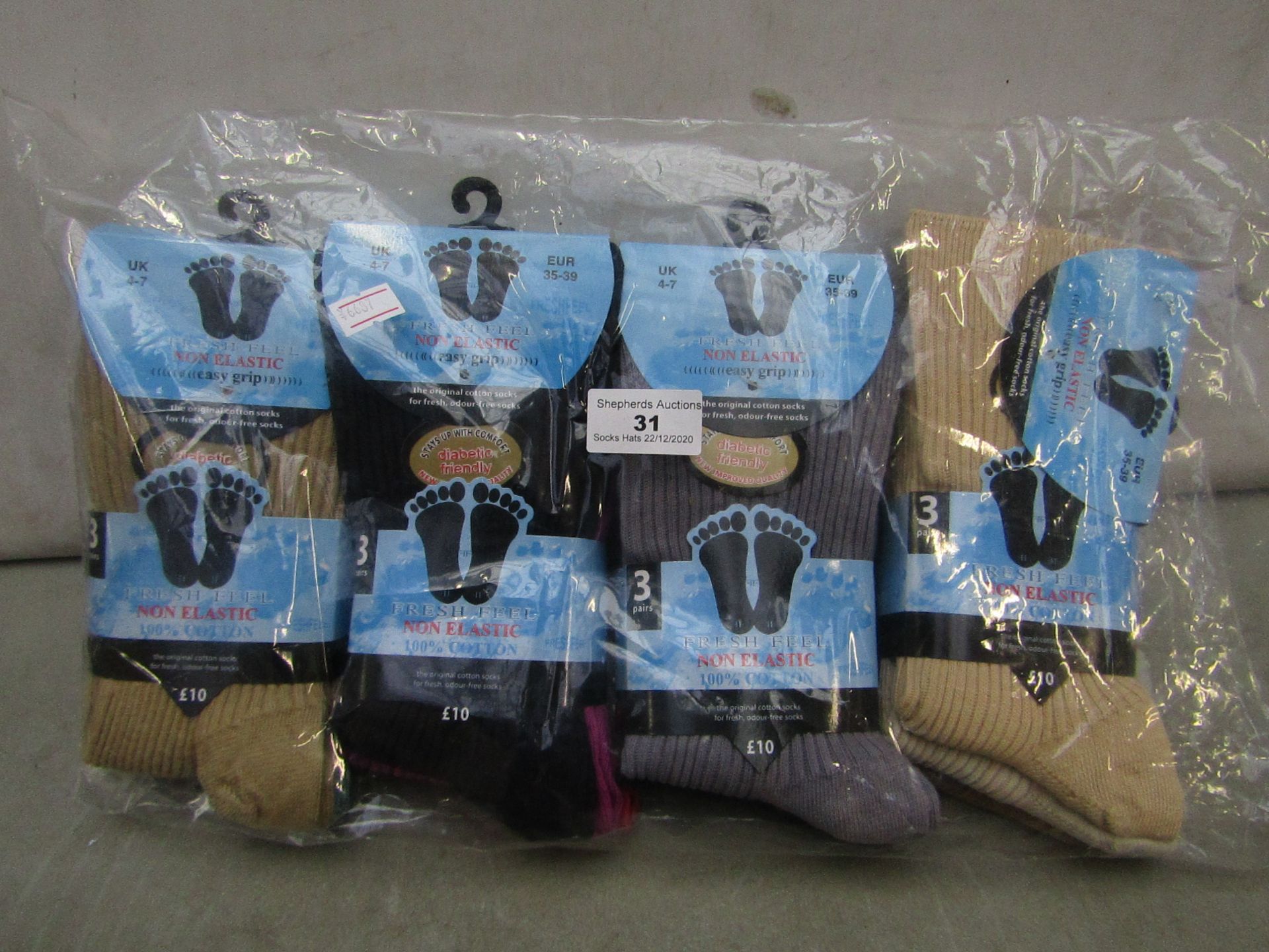 Pack Of 12 - Fresh Feel - Non Elastic Easy Grip Cotton Socks - Size 4-7 - Assorted Colours - New &