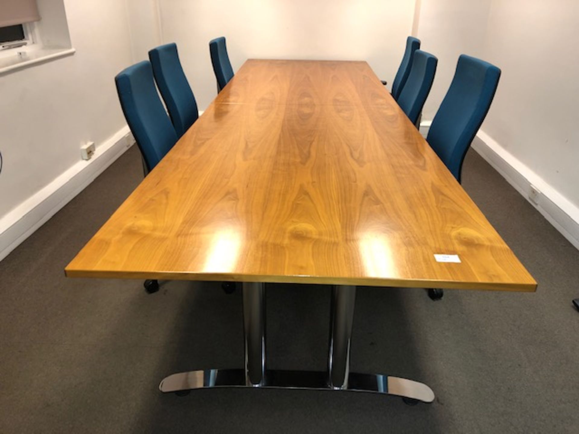 Two section beech & chrome base rectangular boardroom table with 6 blue cloth mobile swivel chairs - Image 2 of 2