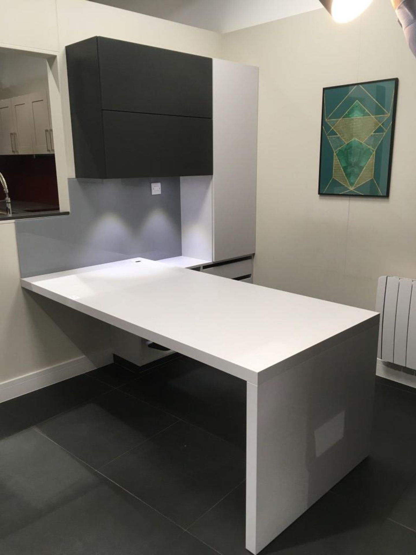 6' Fitted white laminate desk including grey & white wall mounted cabinetry