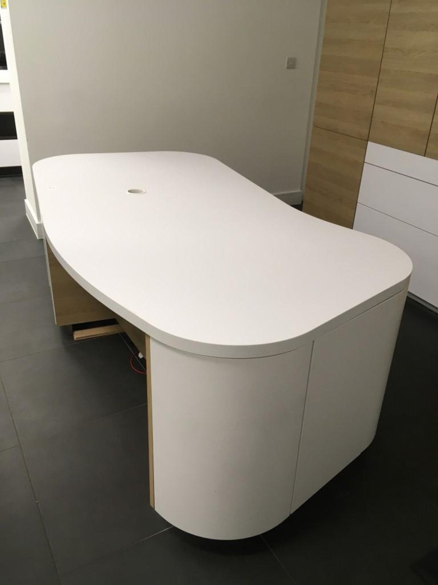 Schmidt curved 6' desk with integrated three drawer pedestal & (6) cupboards - Image 2 of 5