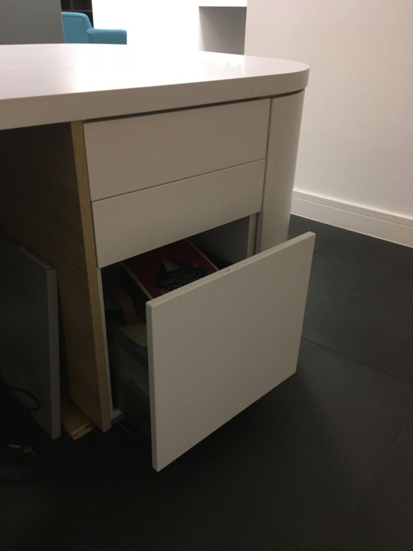 Schmidt curved 6' desk with integrated three drawer pedestal & (6) cupboards - Image 5 of 5