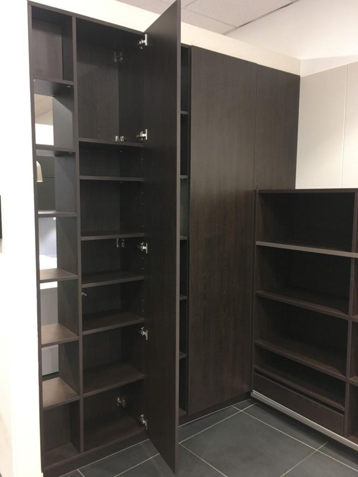 Schmidt dark wood & high gloss L shape storage unit with (7) cupboards & (8) shelves - Image 6 of 7