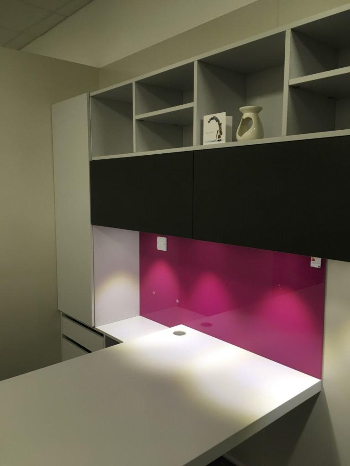 Schmidt 6' White laminate fitted desk including grey & white laminate wall mounted storage units - Image 4 of 4