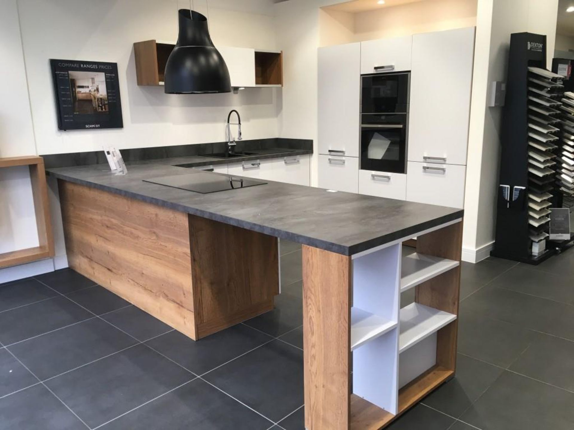 Schmidt U shape kitchen with white laminate cupboards & grey worktops