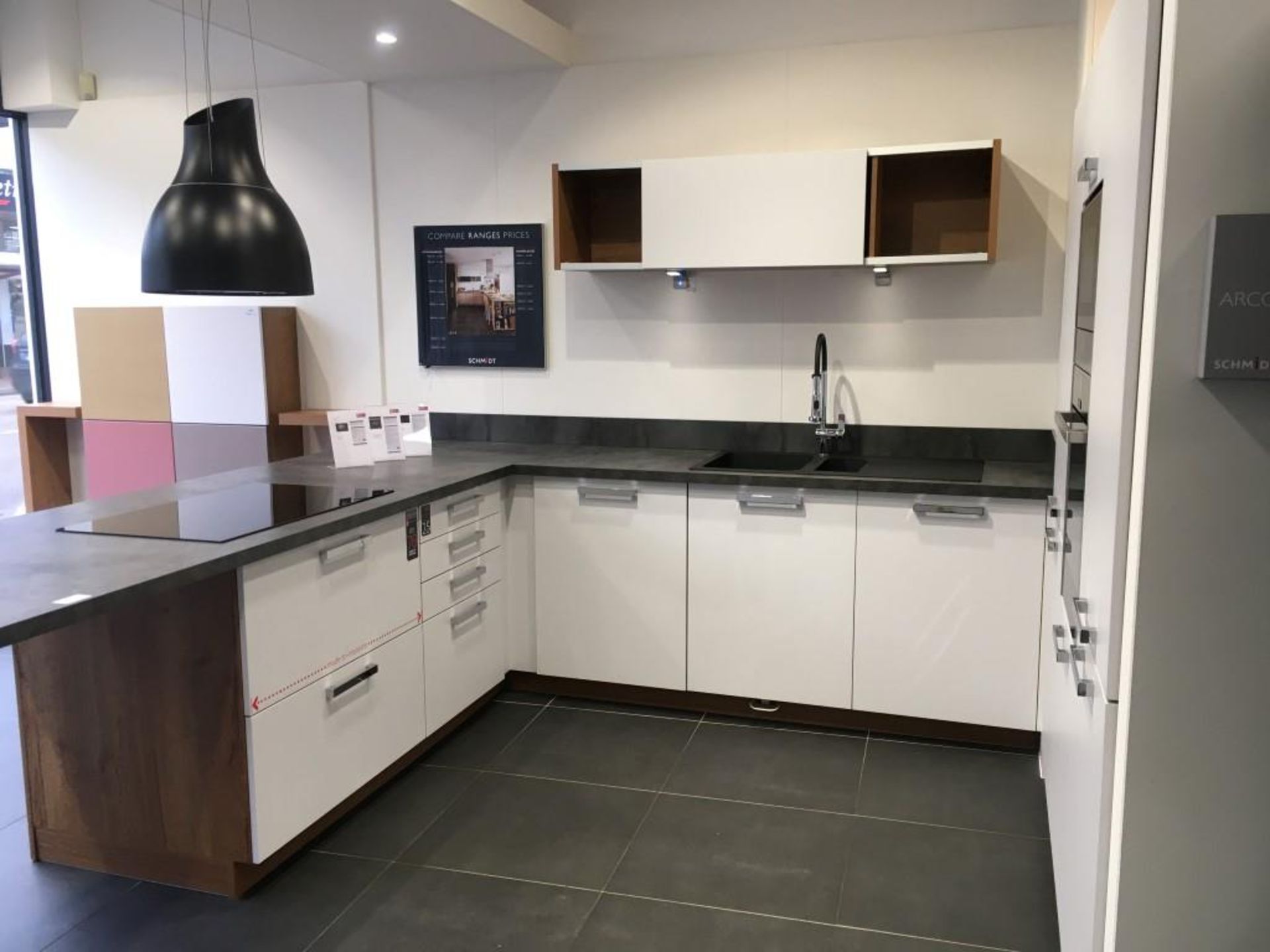 Schmidt U shape kitchen with white laminate cupboards & grey worktops - Image 2 of 9