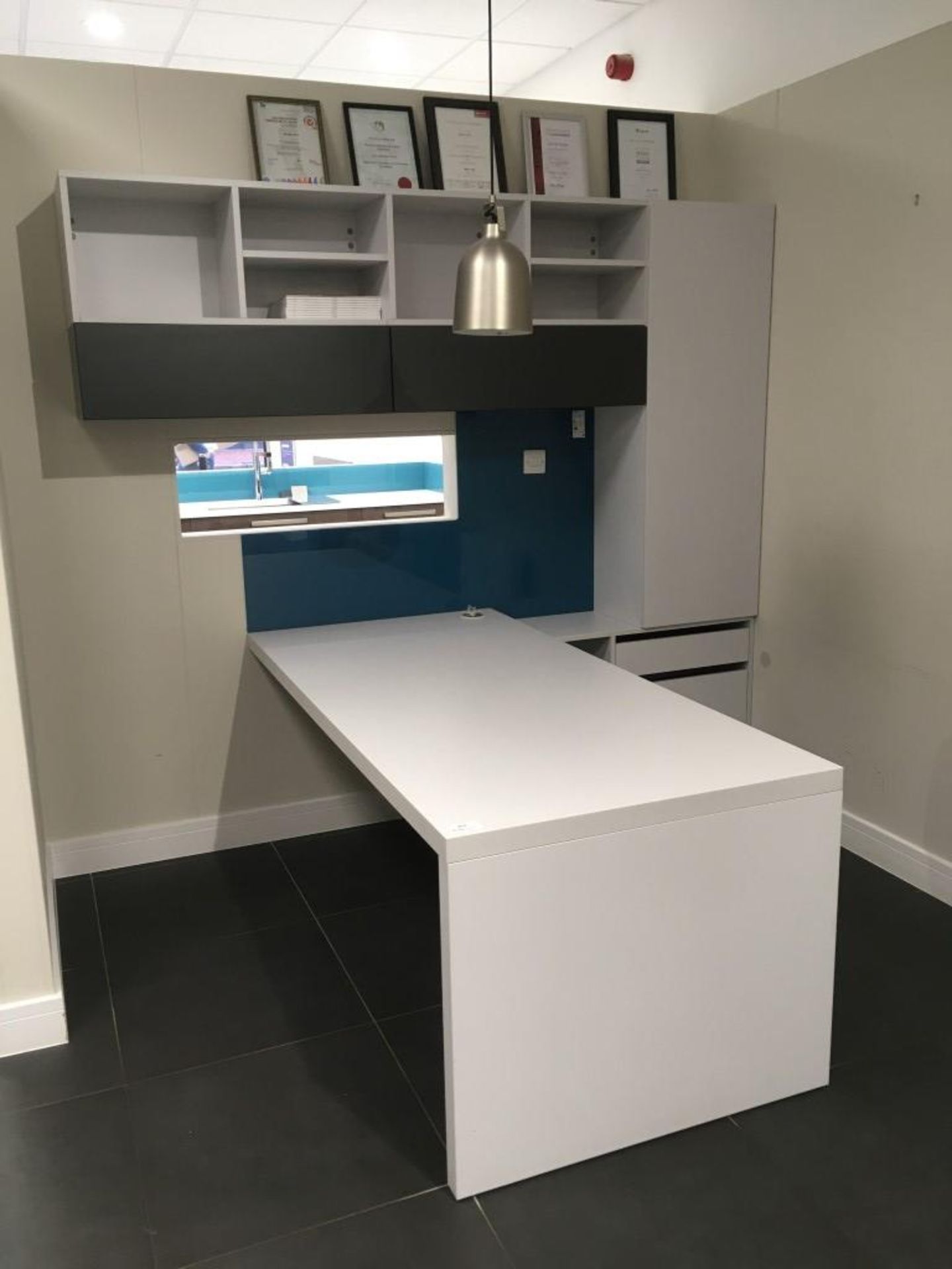 5' fitted white laminate desk with white and grey laminate fitted storage unit