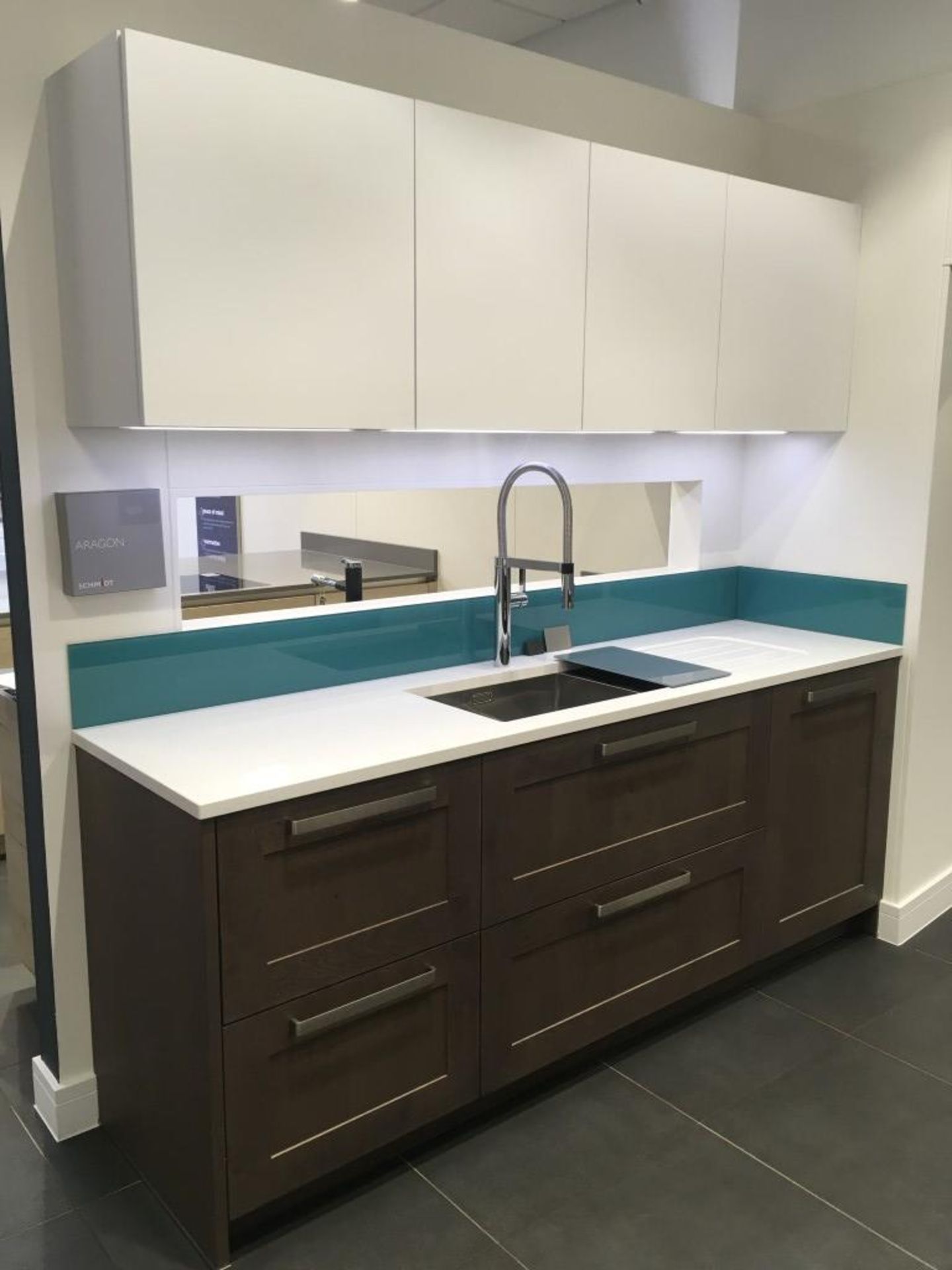 (2) 2m dark brown and white high gloss wall units, Quartz worktops & splashbacks