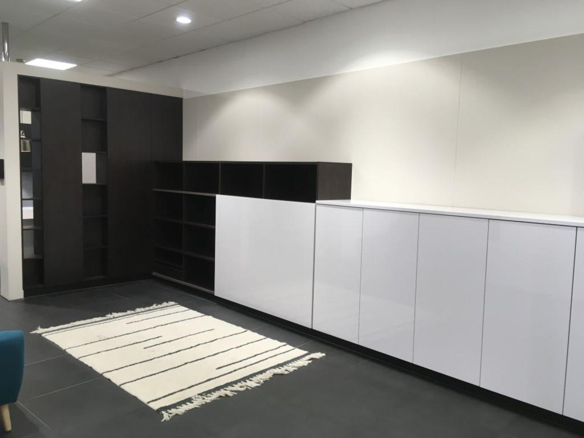 Schmidt dark wood & high gloss L shape storage unit with (7) cupboards & (8) shelves