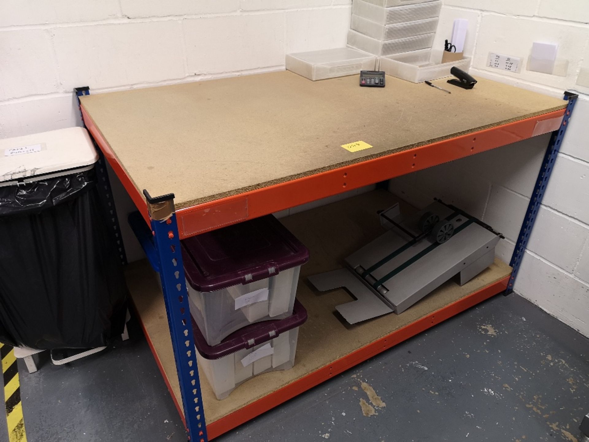 Steel frame work bench Light wood veneer desk (2) chairs Two tier light duty shelving table - Image 3 of 6