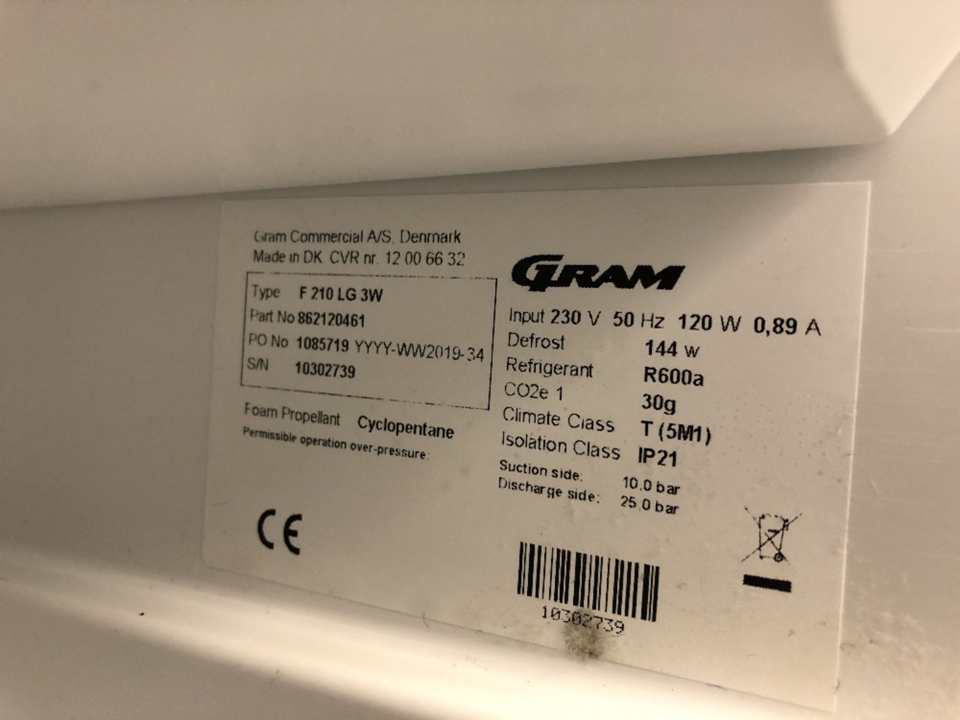 Gram F210 LG 3W Compact Single Door 125Ltr Undercounter Freezer - Image 3 of 3