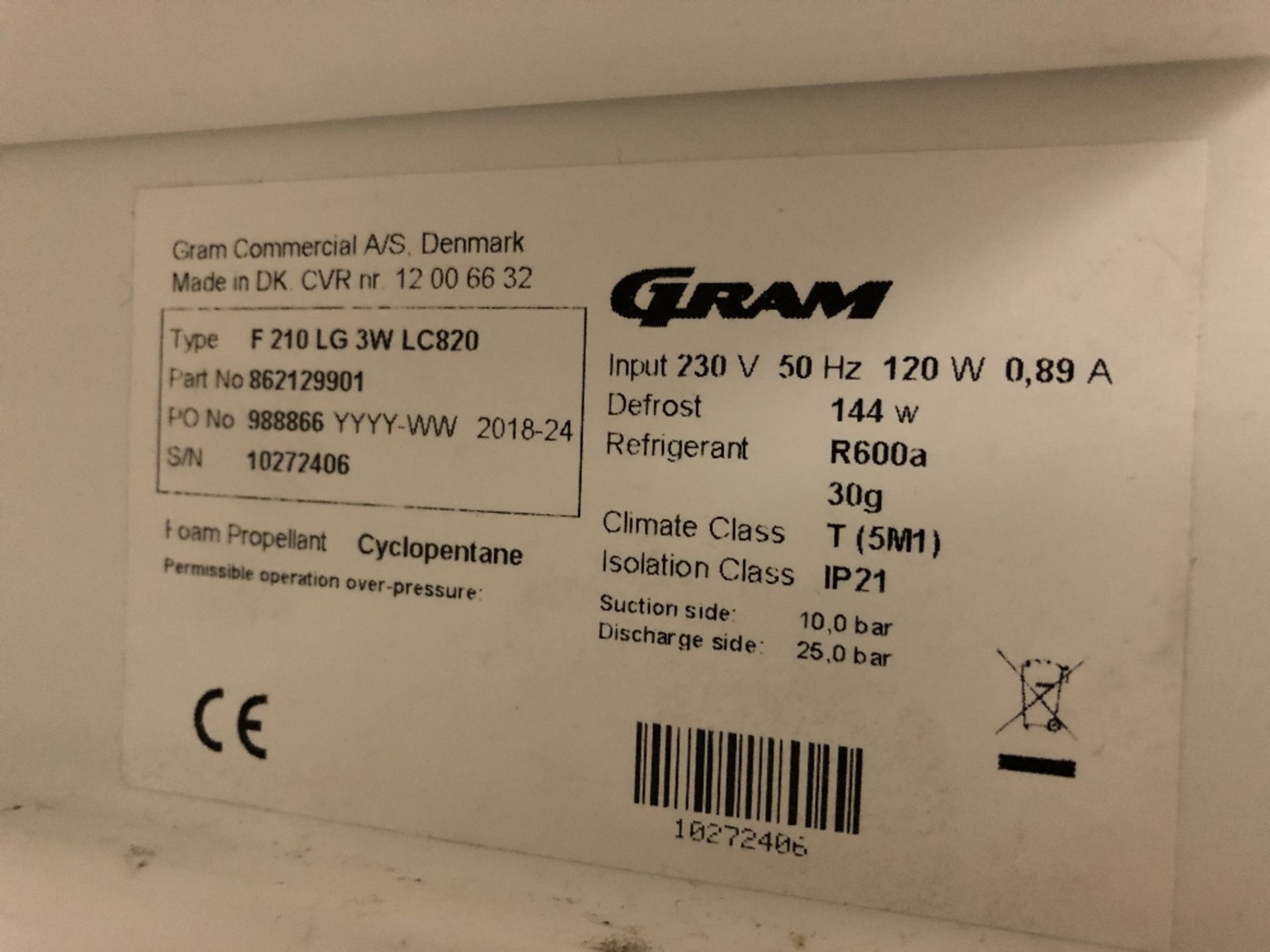 Gram F210 LG 3W Compact Single Door 125Ltr Undercounter Freezer - Image 2 of 2