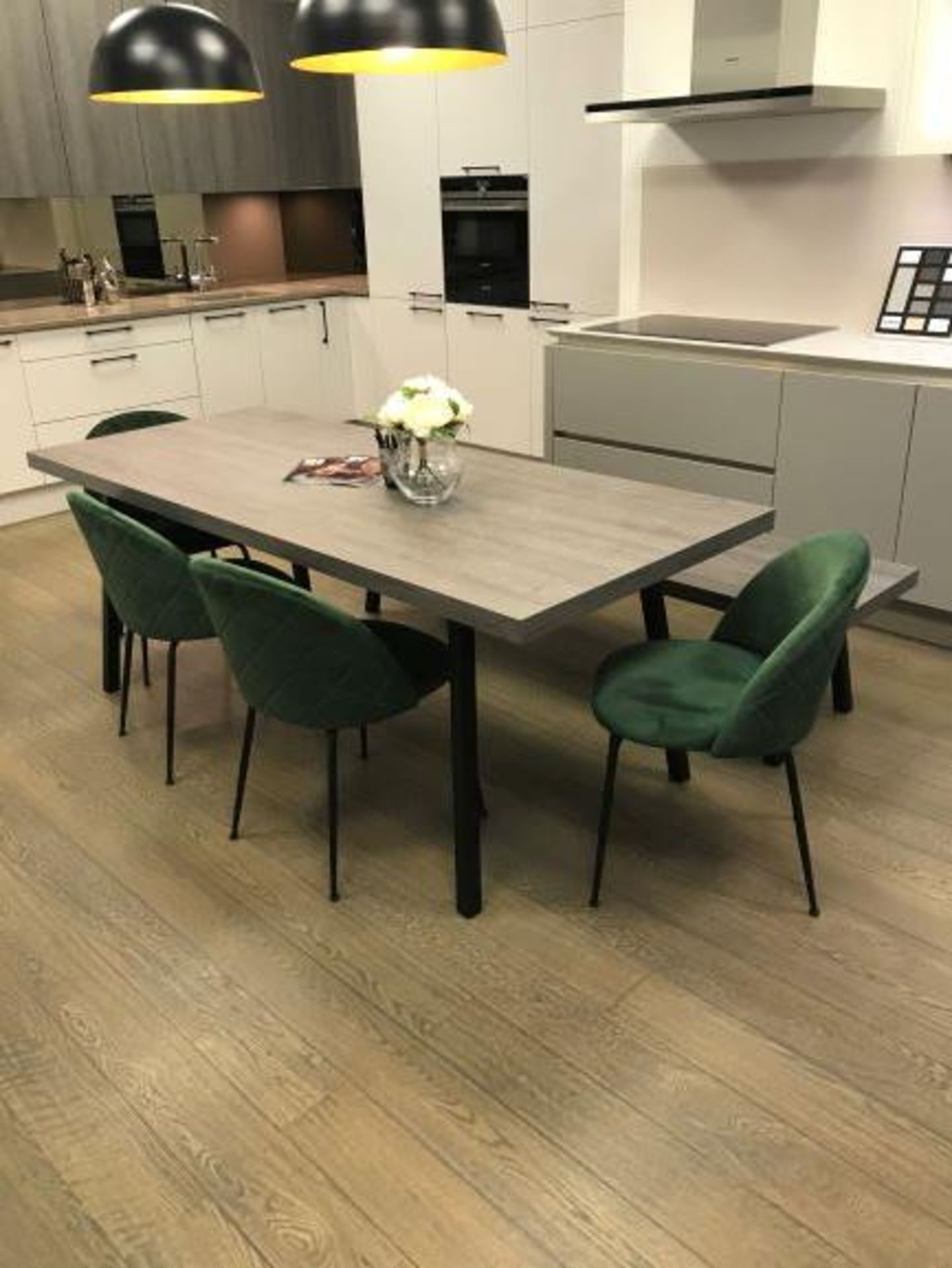 Ash Wood Rectangular Dining Table with Bench Seat & (4) Green suede Effect Dining Chairs - Image 2 of 4