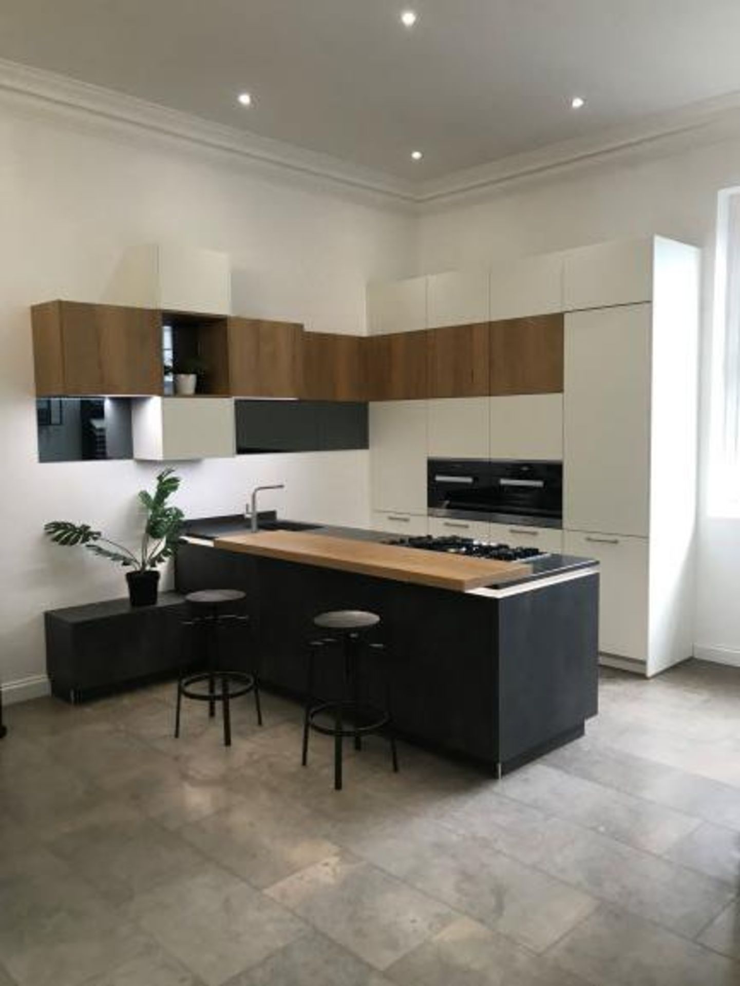 Open Plan Matte White & Dark Grey Kitchen with Stone Worktop & Appliances - Image 2 of 6