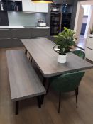 Ash Wood Rectangular Dining Table with Bench Seat & (4) Green suede Effect Dining Chairs