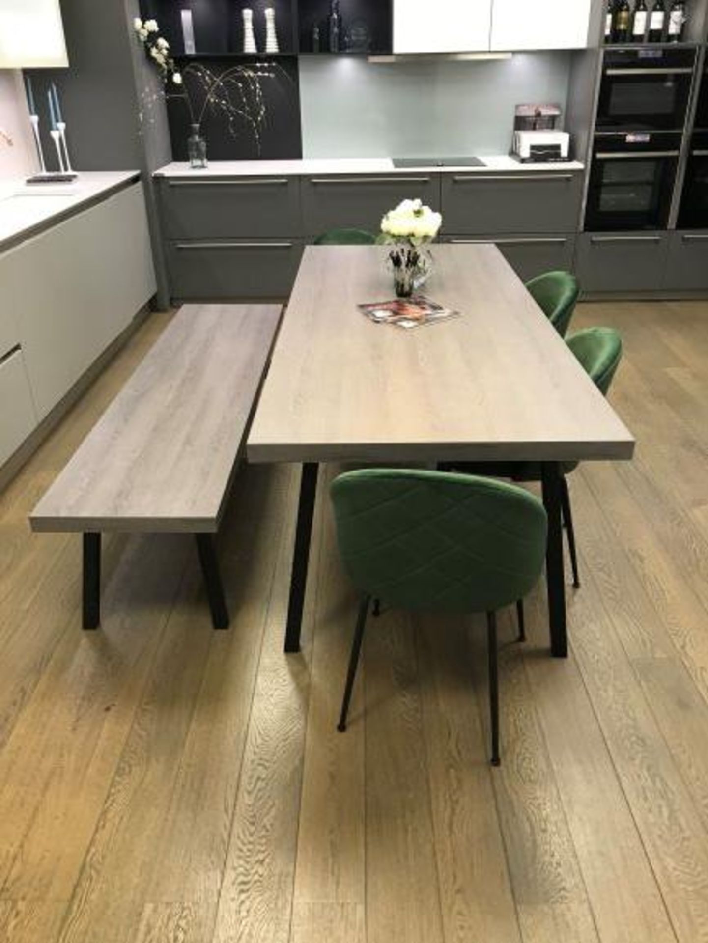 Ash Wood Rectangular Dining Table with Bench Seat & (4) Green suede Effect Dining Chairs - Image 4 of 4