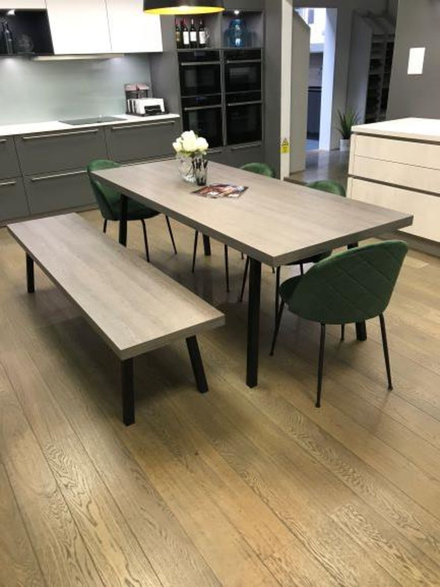 Ash Wood Rectangular Dining Table with Bench Seat & (4) Green suede Effect Dining Chairs - Image 3 of 4