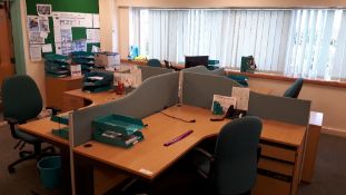 Pod of (4) Workstations, (4) pedestal drawers, (4) desk partitions & (4) operators chairs