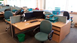 Pod of (4) Workstations, (4) pedestal drawers, (4) desk partitions & (4) operators chairs