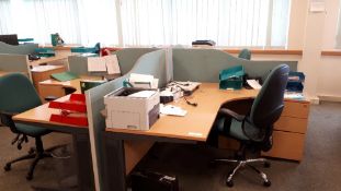 Pod of (4) Workstations, (4) pedestal drawers, (4) desk partitions & (4) operators chairs