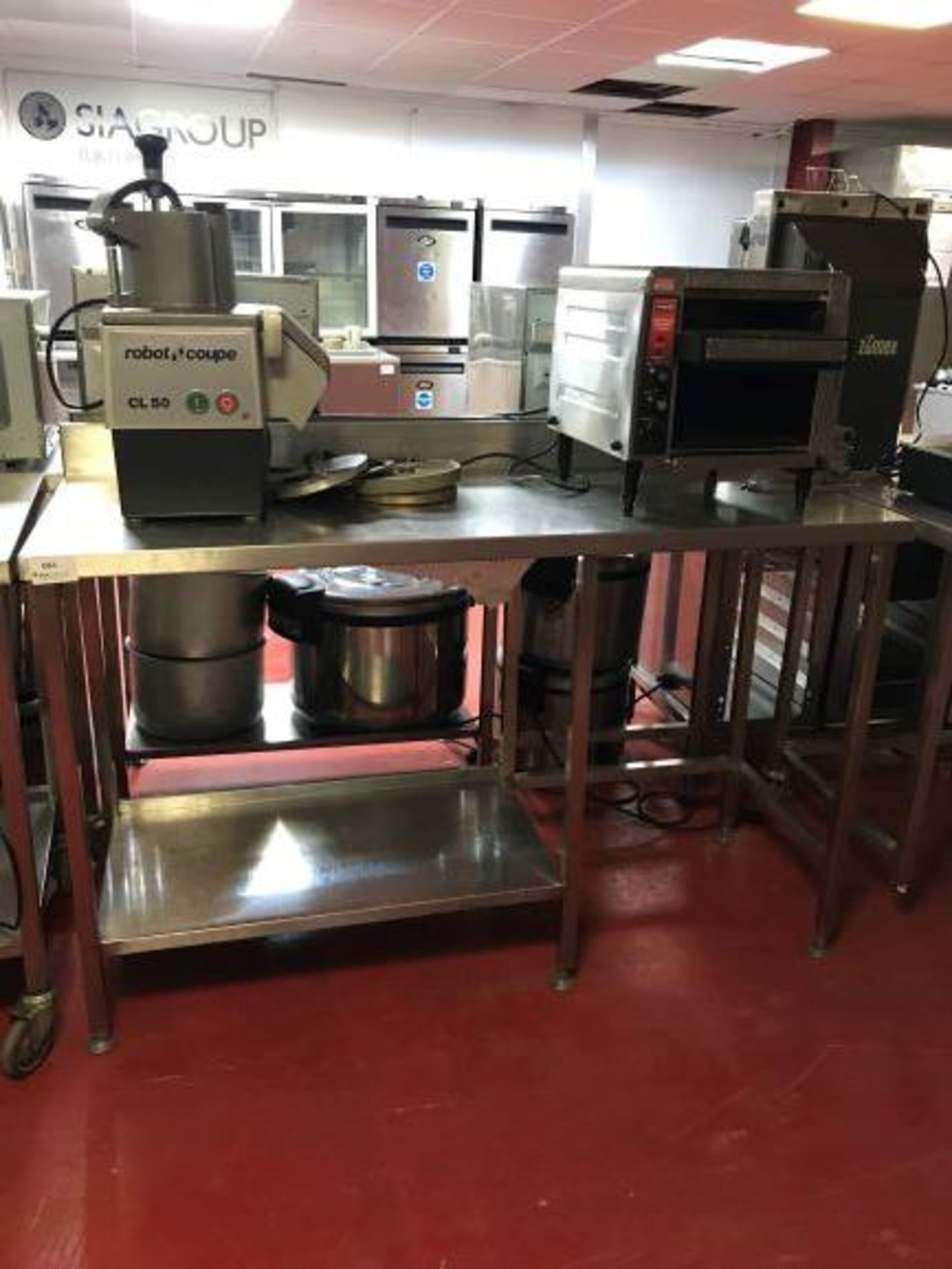 Two tier stainless steel preparation table with commercial can opener