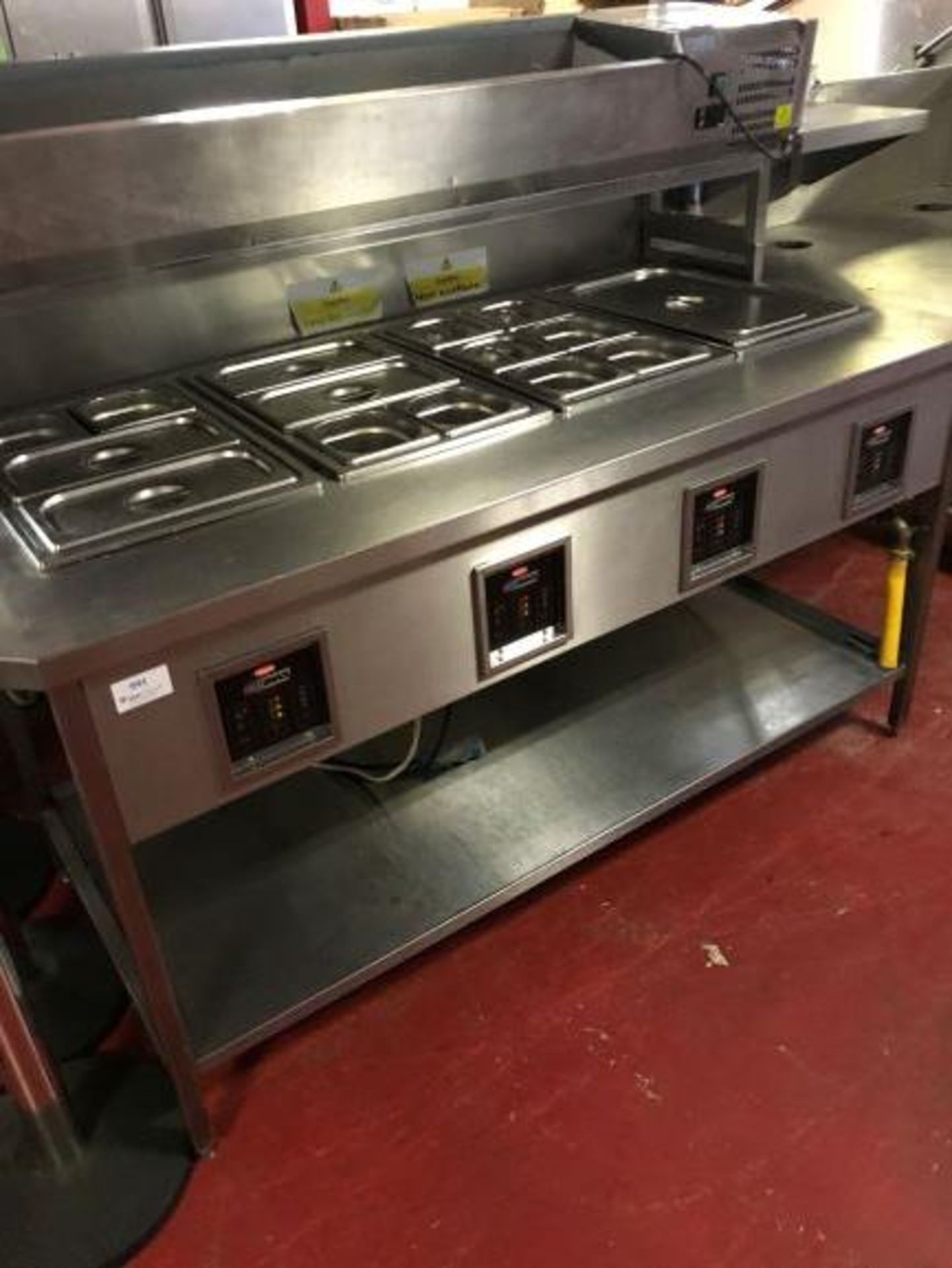 Hatco Heatmax four bay heated bain marie with mounted two tier stainless steel gantry shelving - Image 4 of 5