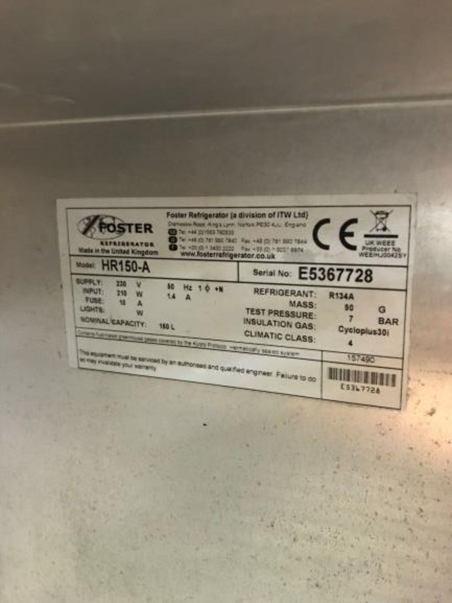 Foster Refrigeration HR150-A stainless steel single door under counter refrigerator - Image 3 of 3