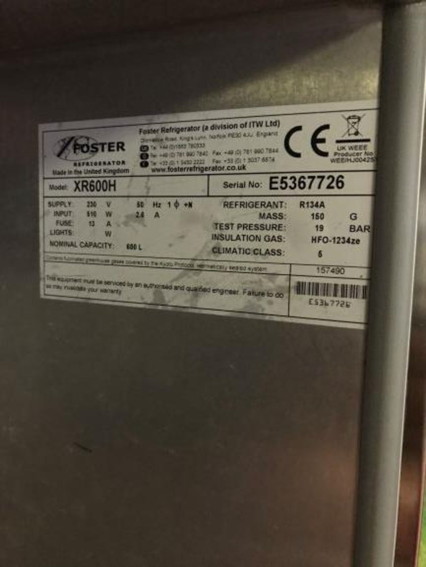 Foster Xtra XR600H stainless steel single door cabinet refrigerator - Image 3 of 3