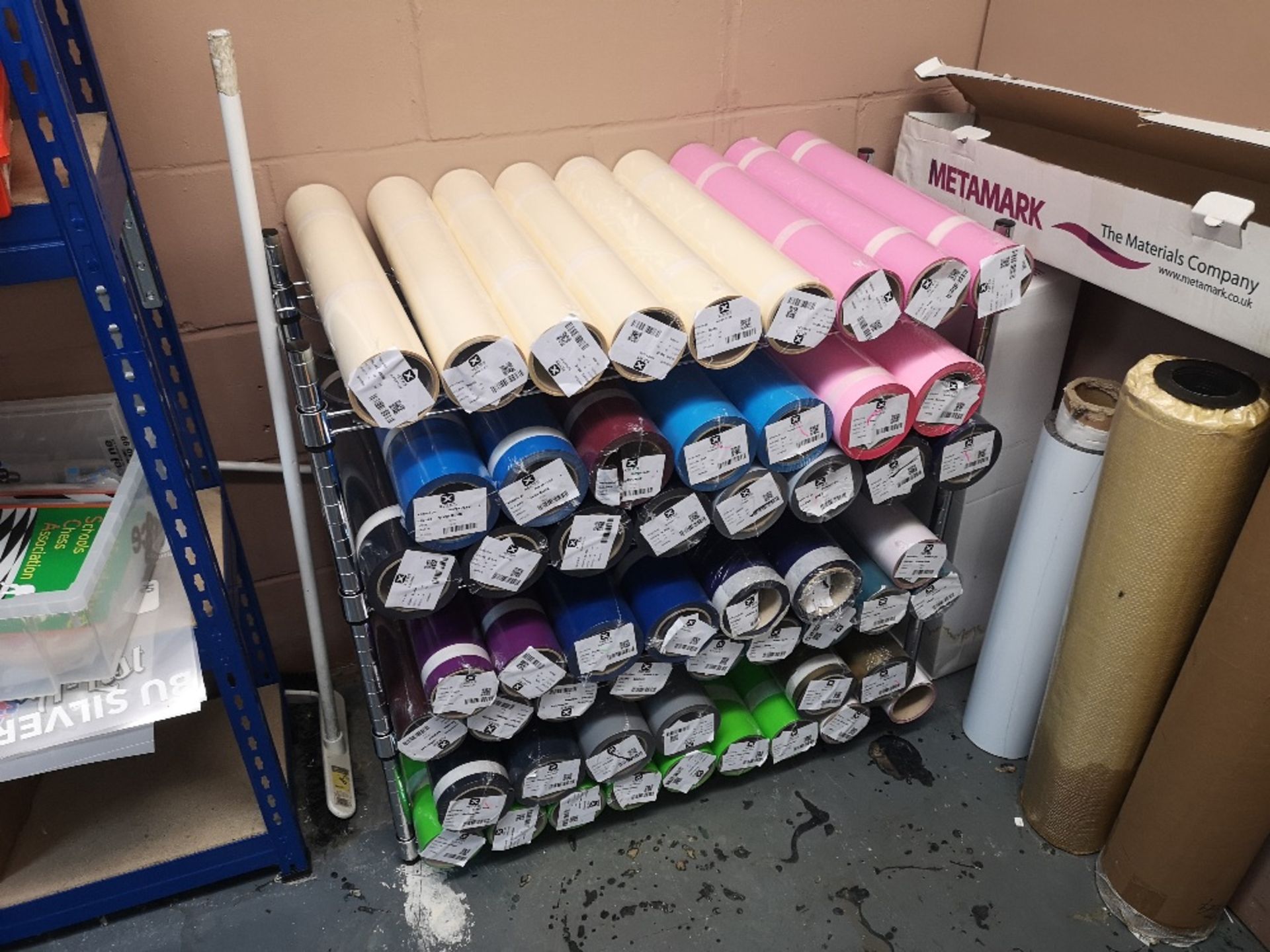 Large Quantity of Textile Transfer Film & (3) Chrome Wire Racks