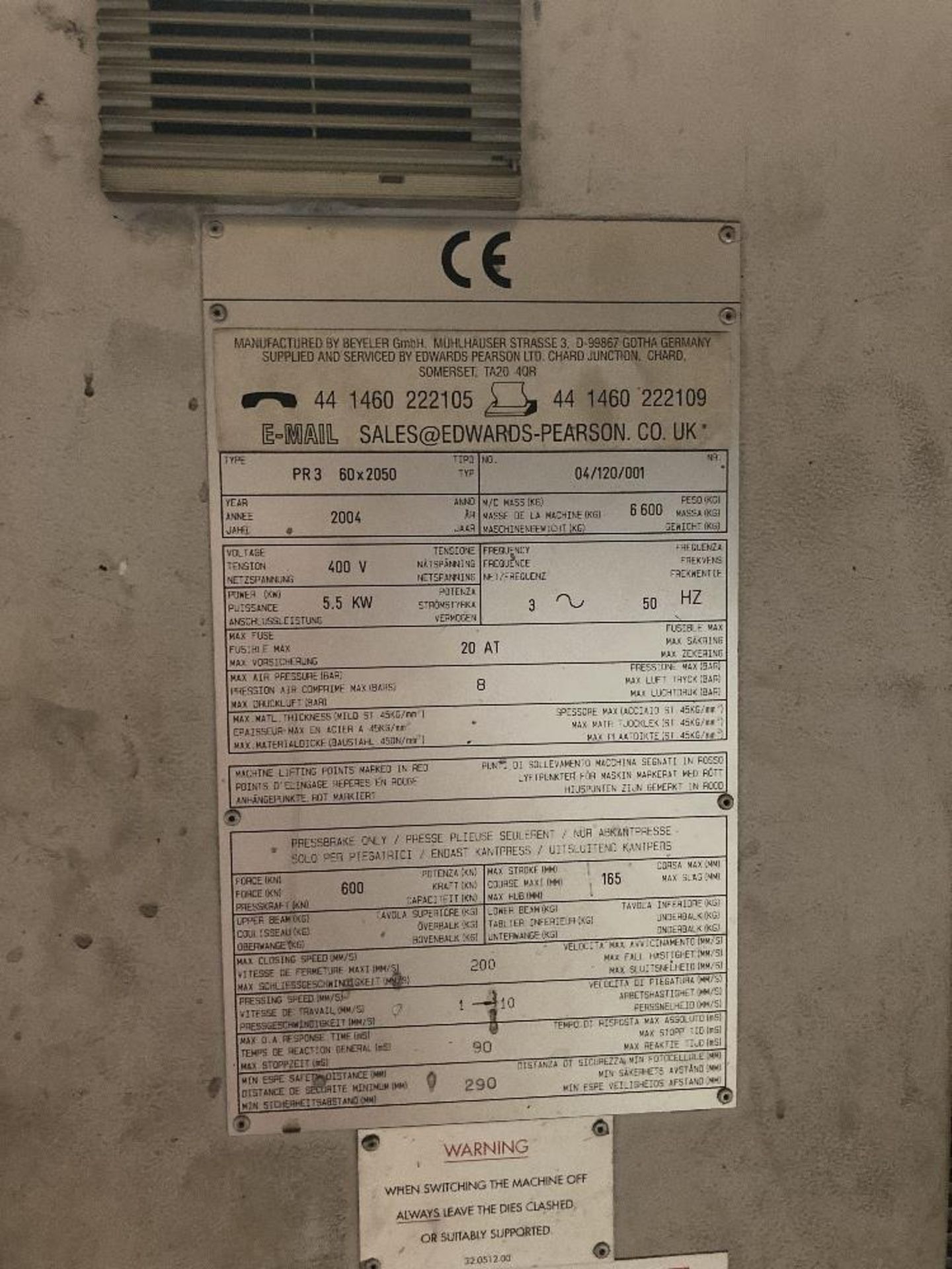 Edwards Pearson PR3 60x2050 press brake - Image 7 of 10
