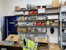 Contents of shelving and desk to include: Electrical components, lin bins, testing equipment, etc