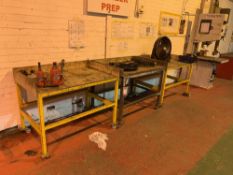 (3)Steel framed mobile workbenches with bench mounted vice