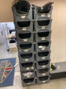 (16) Plastic storage bins with contents to include: wiring looms, connectors, enclosures, etc