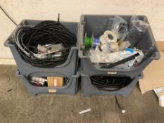 (4) Grey plastic storage bins with contents to include: Wire looms, cable ties, connectors etc