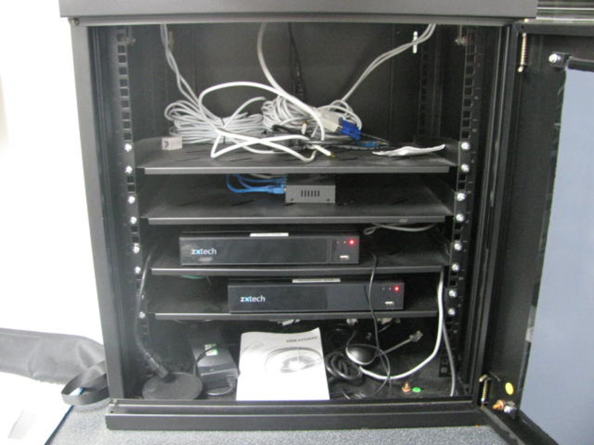 Counter top networking cabinet with (4) shelves and (2) Xtech surveillance units - Image 2 of 3