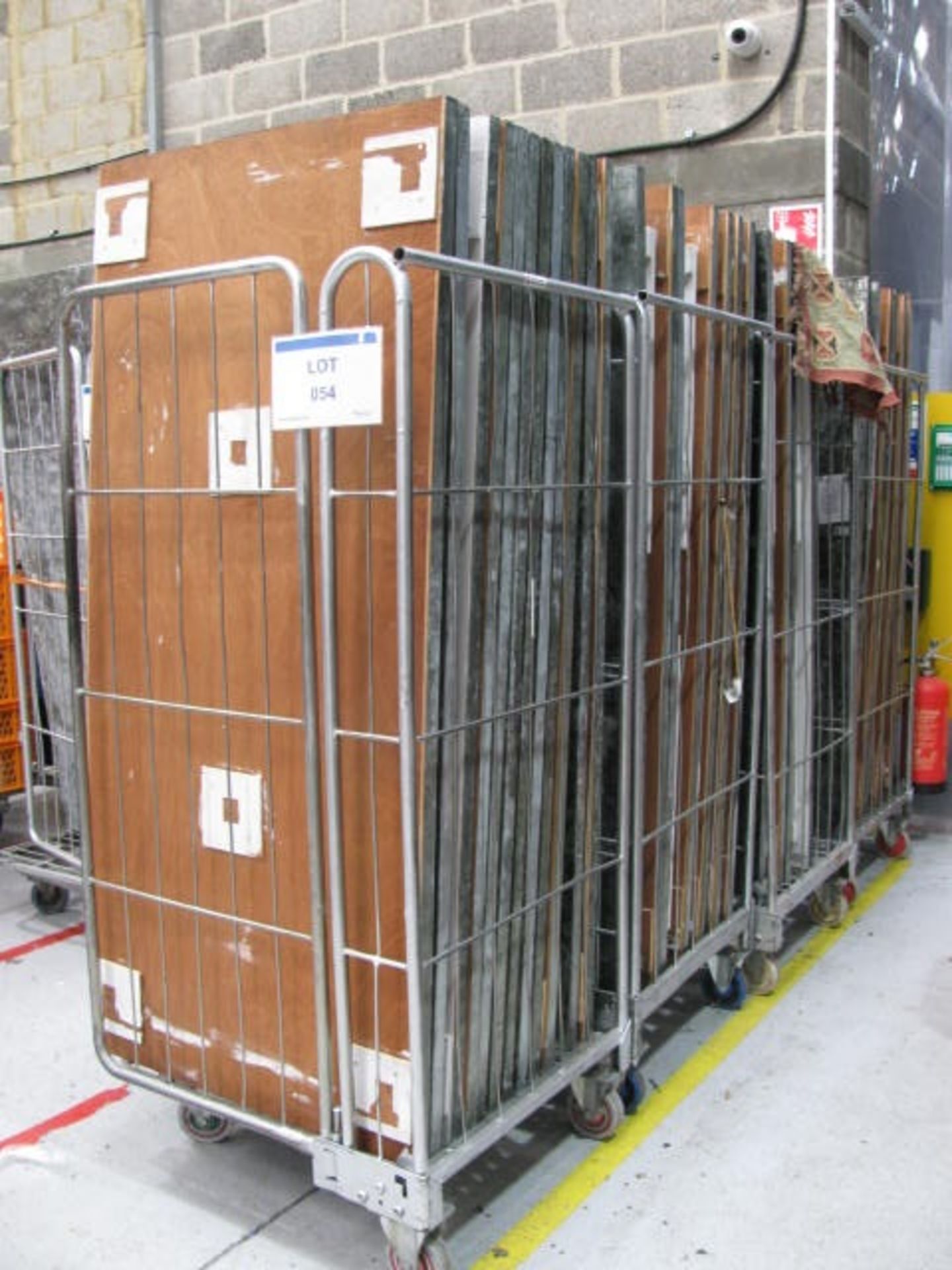(4) Cages with quantity of wooden folding tables with tin tops